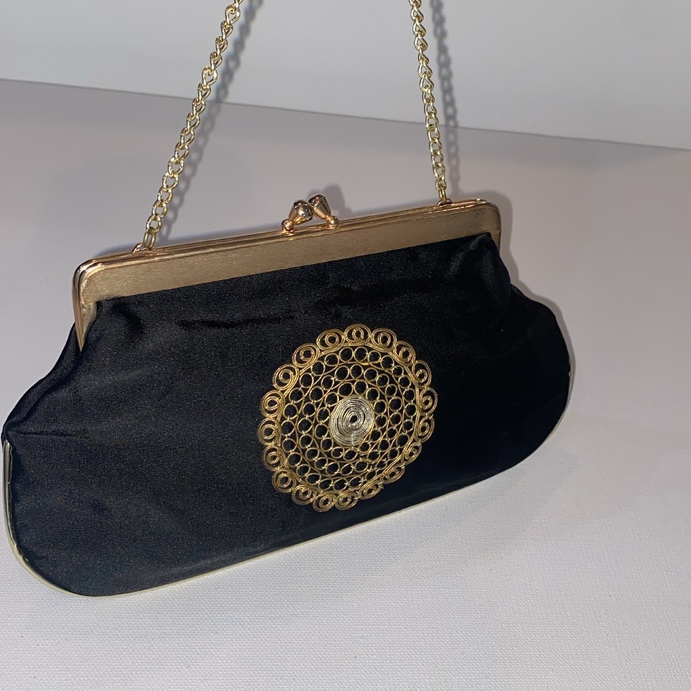 Steiner Vtg Evening Bag wristlet black, gold hardware chain strap filigree VGUC